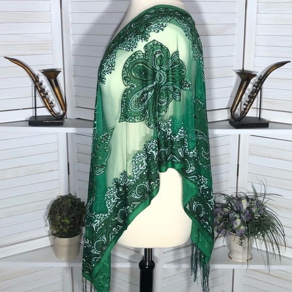 Vintage Y2K Sheer Lace Poncho Bohemian Floral Fringe Green - Picture 4 of 11